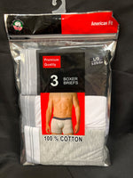 American Fit Premium Quality Boxer Briefs - Pack of 3 - Size L - Color: Light Grey, White, Black (Retail Price $19.99)