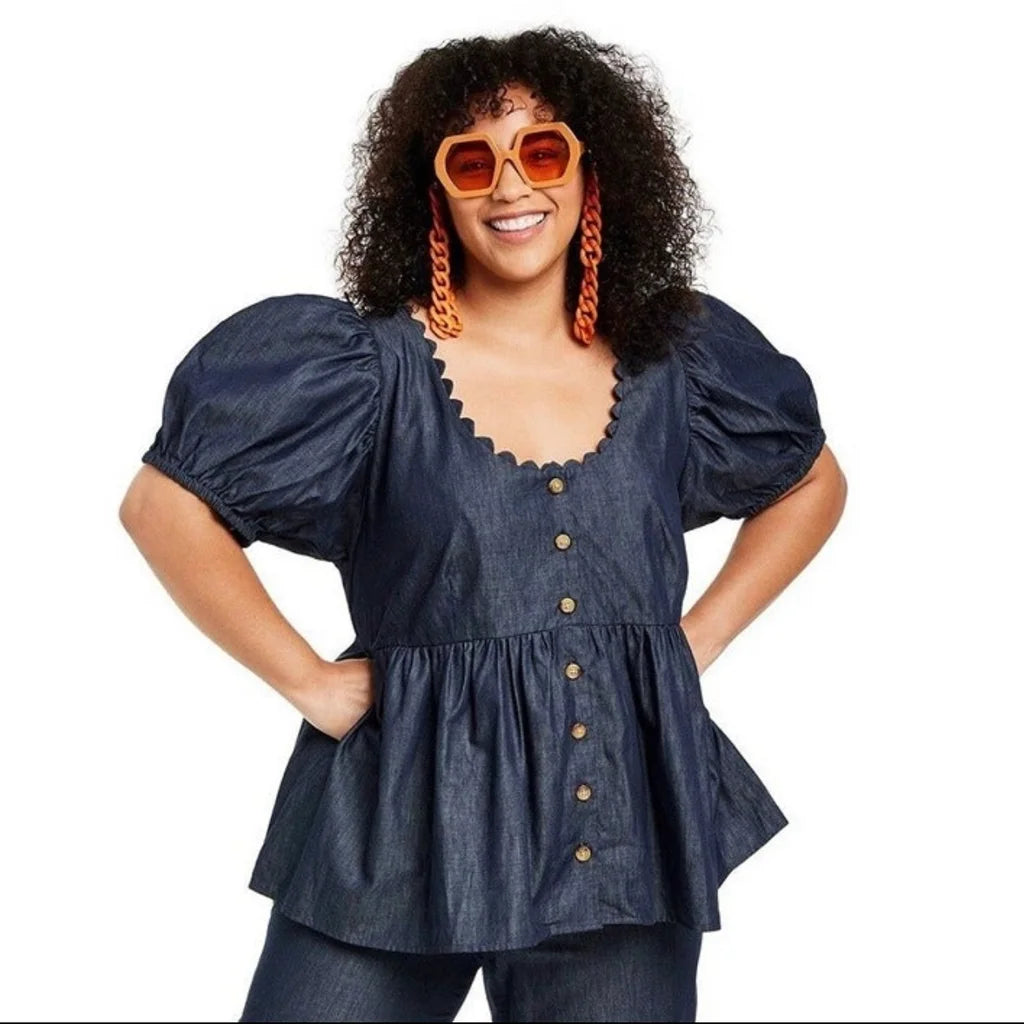 Women's Plus Size Puff Sleeve Button-Down Top - Kika Vargas x Target Indigo 2X