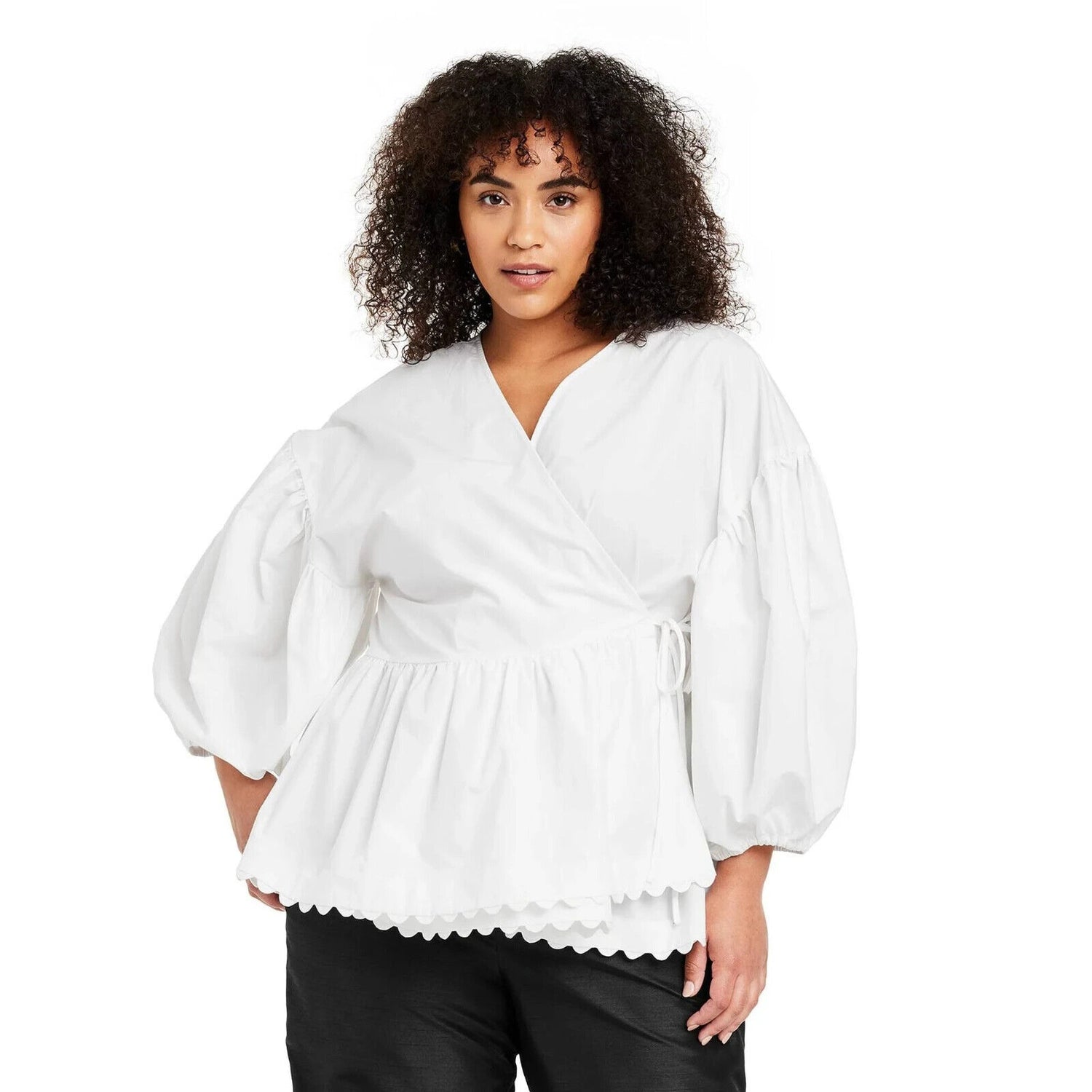 Kika Vargas Women's Plus Size Scallop Edge Wrap Top - White 4X