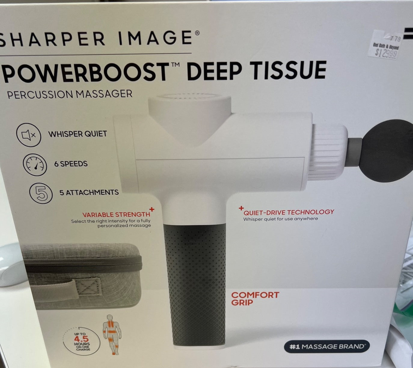 Sharper Image Powerboost Deep Tissue Percussion Massager 2.0 Rechargeable with 5 Attachments 6 Speed Settings White (Retail Price $129.99)