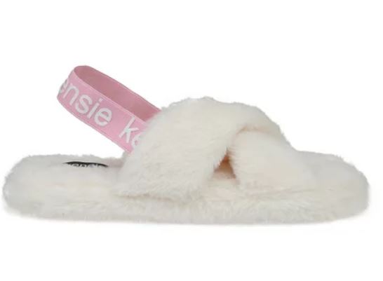 Kensie Womens Cute Cross Strap Faux Fur Slippers with Elastic Back Strap - Ivory - Size 10/11 (Retail Price $32)