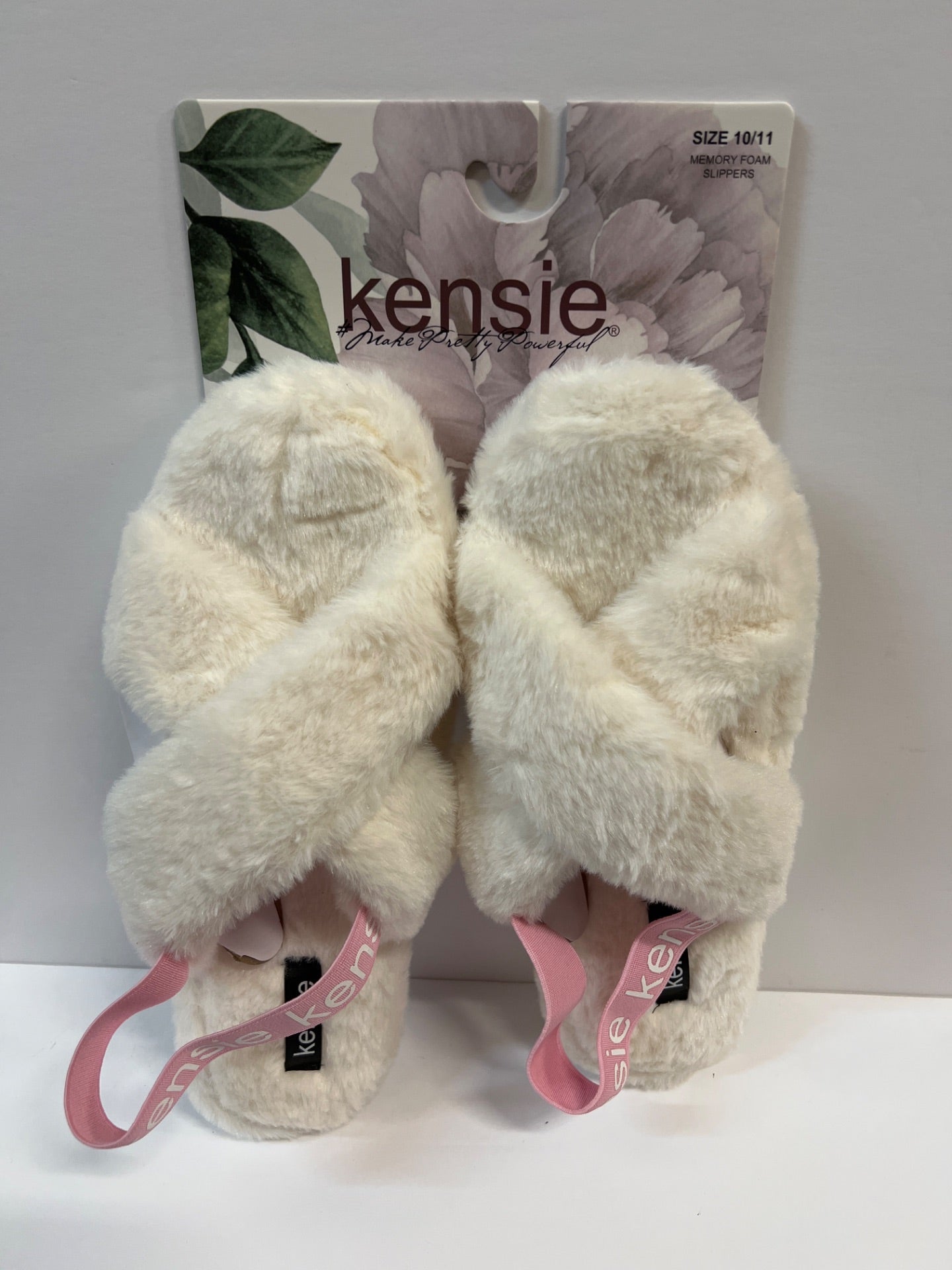 Kensie Womens Cute Cross Strap Faux Fur Slippers with Elastic Back Strap - Ivory - Size 10/11 (Retail Price $32)