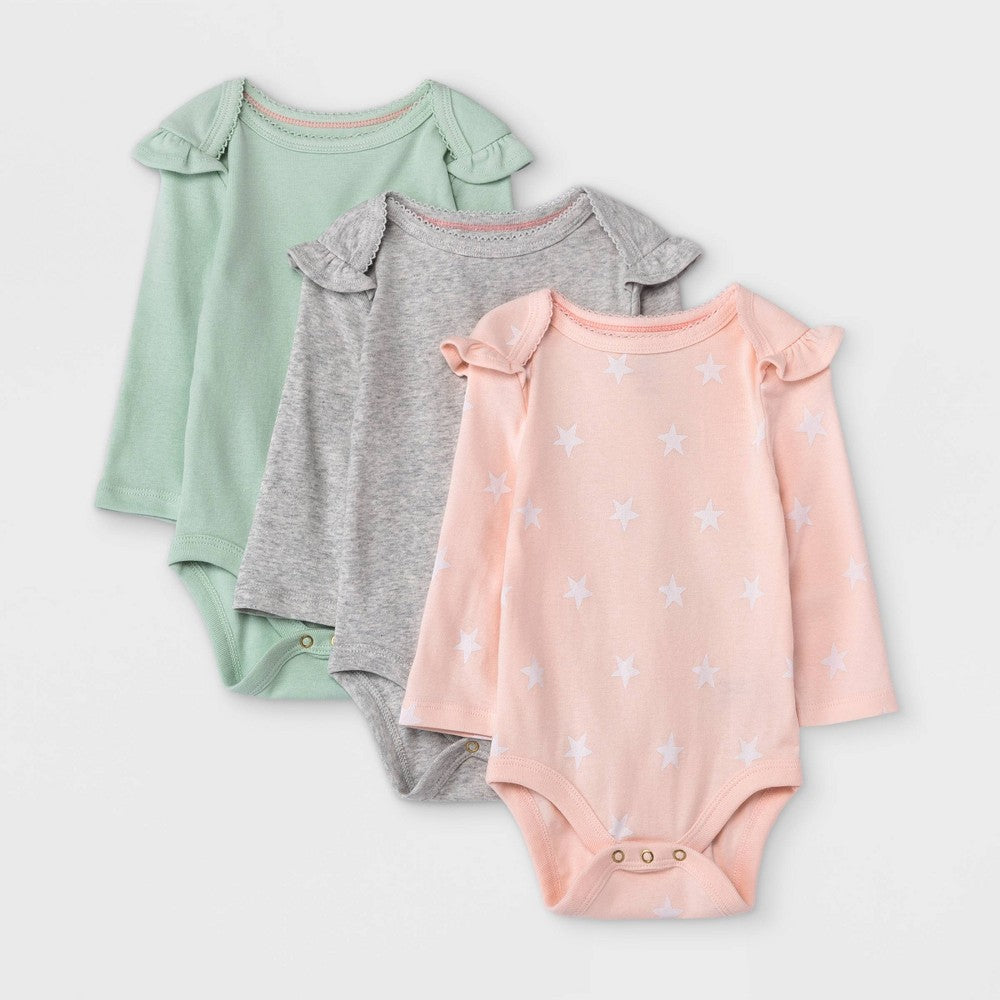 Baby Girls' 3pk Bodysuit - Cloud Island™ Pink/Gray/Green - 6-9M