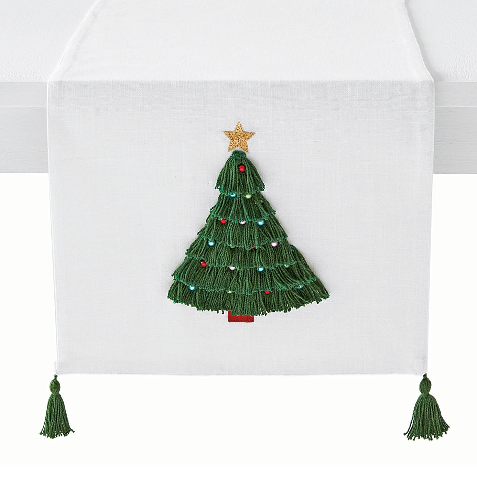 H for Happy Evergreen Tassel Tree 90-Inch Table Runner in Off White/Green