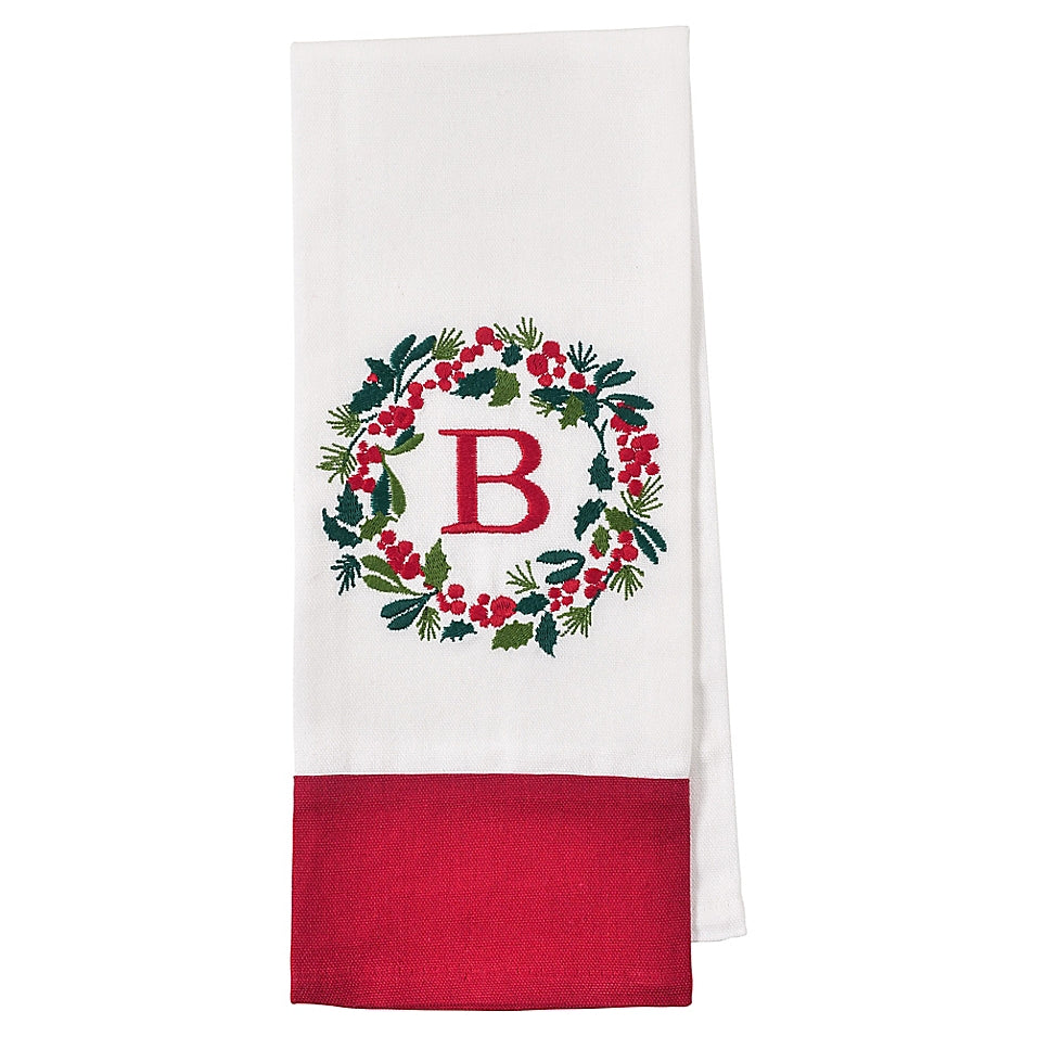 Bee & Willow Wreath Monogram Letter Christmas Kitchen Towel - Avail in A, B, C, D, M, R