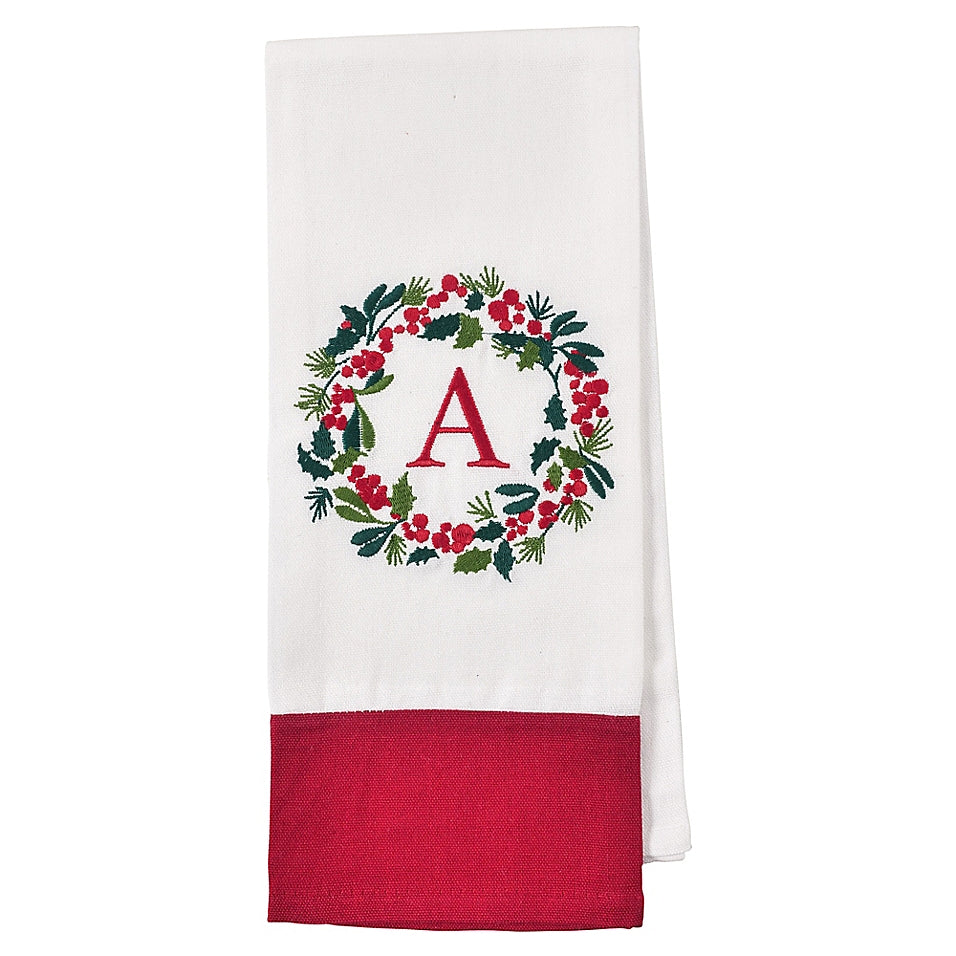 Bee & Willow Wreath Monogram Letter Christmas Kitchen Towel - Avail in A, B, C, D, M, R