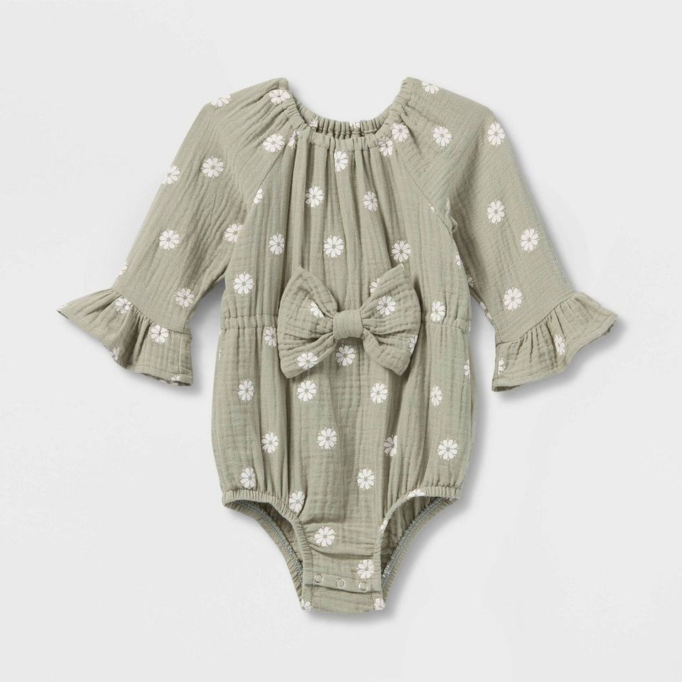 Grayson Collective Baby Girls' Woven Bow Bubble Romper - Sage Green 0-3M