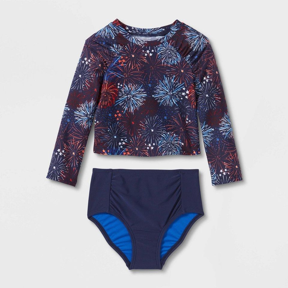 Girls' 2pc Firework Print Long Sleeve Rash Guard Set - Cat & Jack Navy Blue