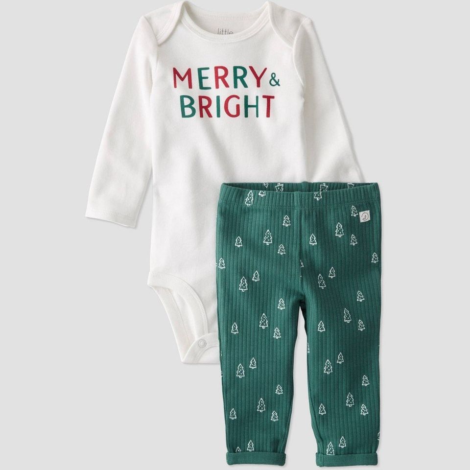 Baby Organic Cotton 'Merry & Bright' Bodysuit and Pants Set - little planet Green/White 24M