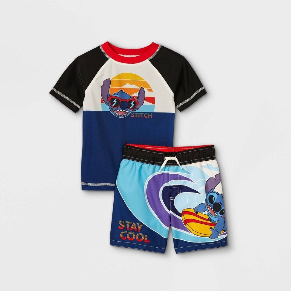 Toddler Boys' Disney Stitch Rash Guard Set - Blue 4T