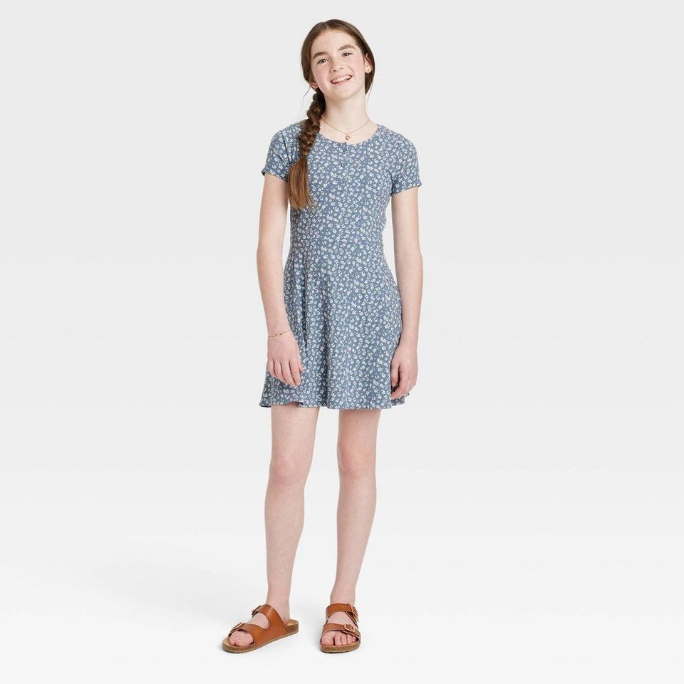 Girls' Henley Skater Dress - art class Light Blue Floral XS