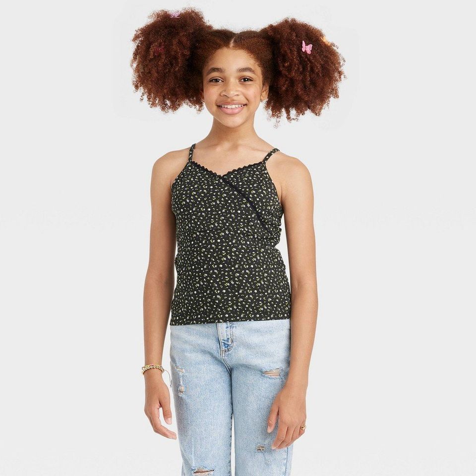 Girls' Lace Trim Cami Tank Top - art class Black Floral XS