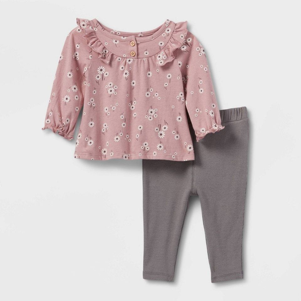 Grayson Collective Baby Girls' 2pc Cozy Floral Ribbed Top & Bottom Set - Rose Pink 0-3M