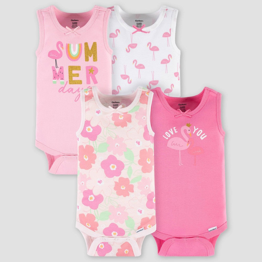 Gerber Baby Girl Tank Onesies Bodysuits 4-Piece - 3-6M