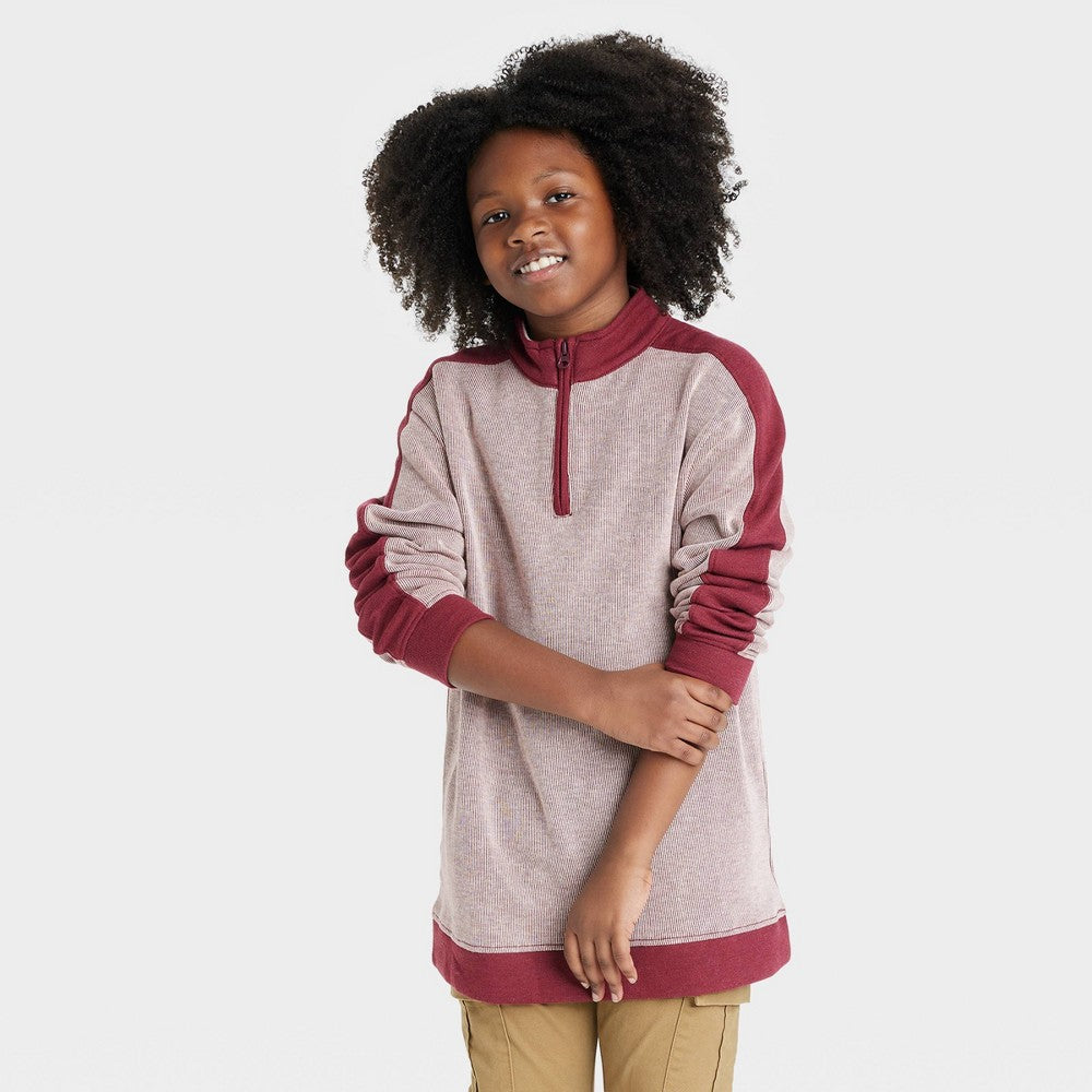 Boys' Ribbed Quarter Zip Sweatshirt - Cat & Jack Cream/Burgundy / Ivory/Red