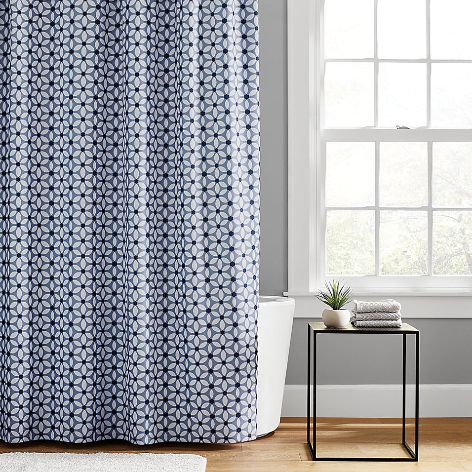 Simply Essential 72-Inch X 72-Inch Tile Flower Shower Curtain in Blue (Retail Price $20)