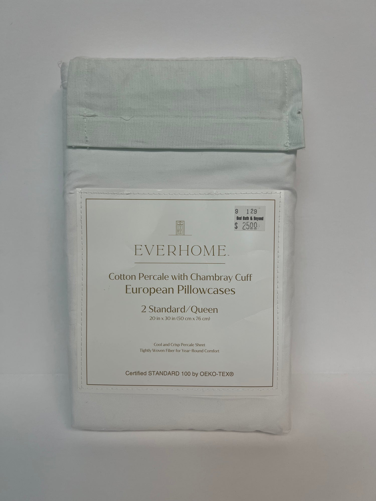 Everhome Chambray Cuff 400-Thread-Count Standard Pillowcases in White/Sprout Green (Set of 2)