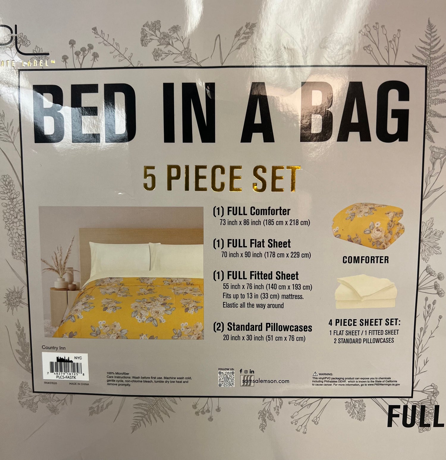 Bed in a Bag - Full Size - 5 Piece Set Yellow (Country Inn)