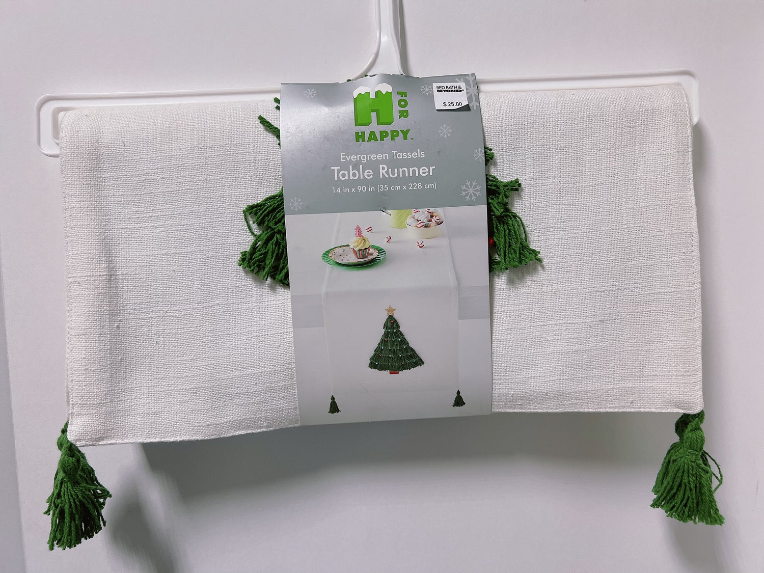 H for Happy Evergreen Tassel Tree 90-Inch Table Runner in Off White/Green