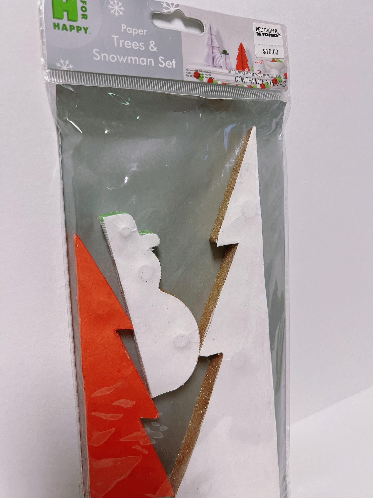 H for Happy 3-Piece Paper Christmas Trees and Snowman Ornaments Set