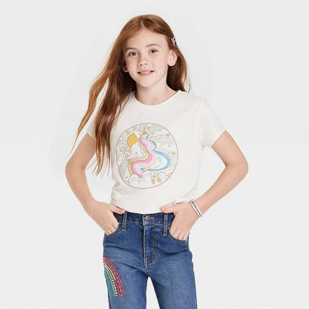 Girls' 'Unicorn' Short Sleeve Graphic T-Shirt - Cat & Jack Light Beige L