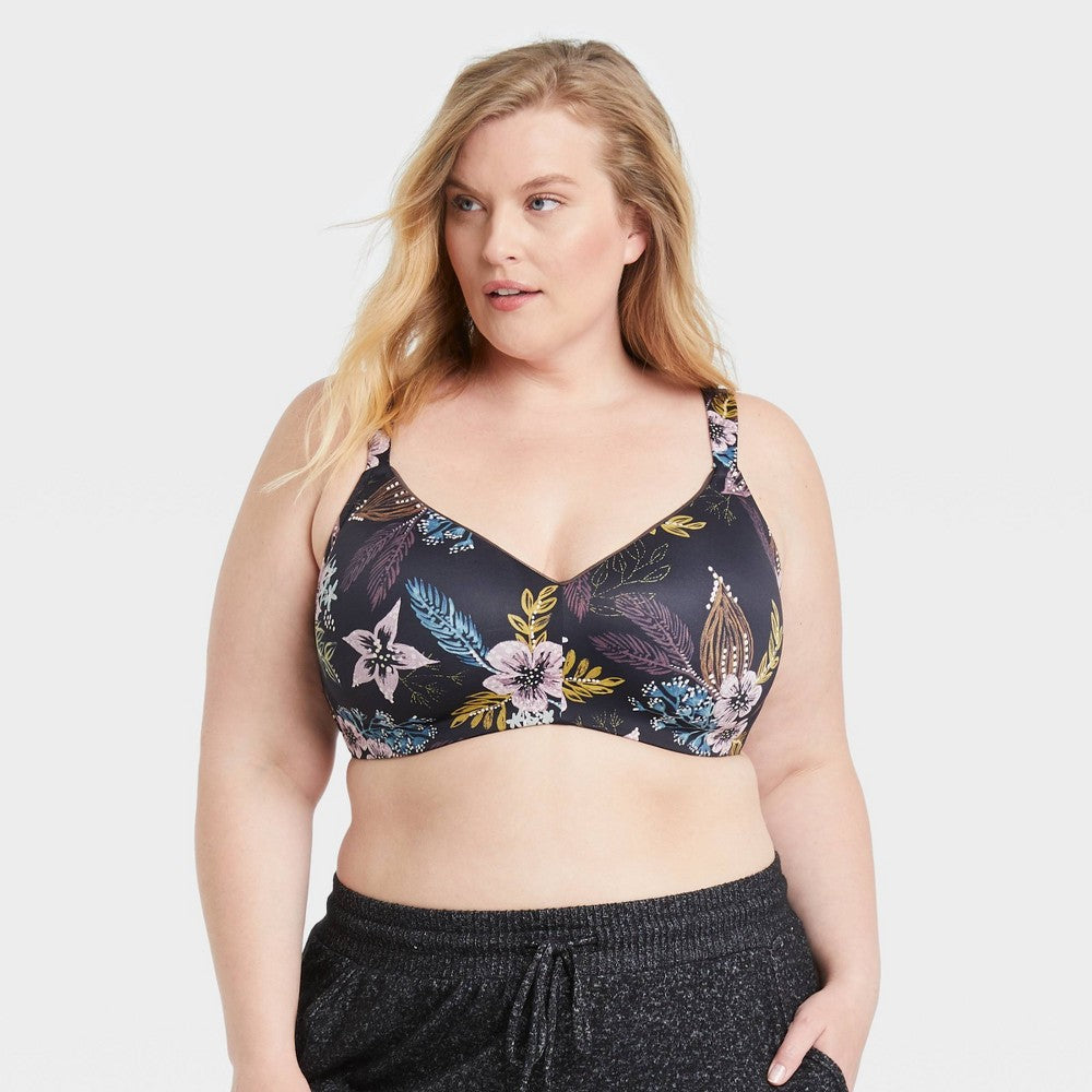 Women's Floral Print Plus Size Wirefree Bra - Auden™ Black