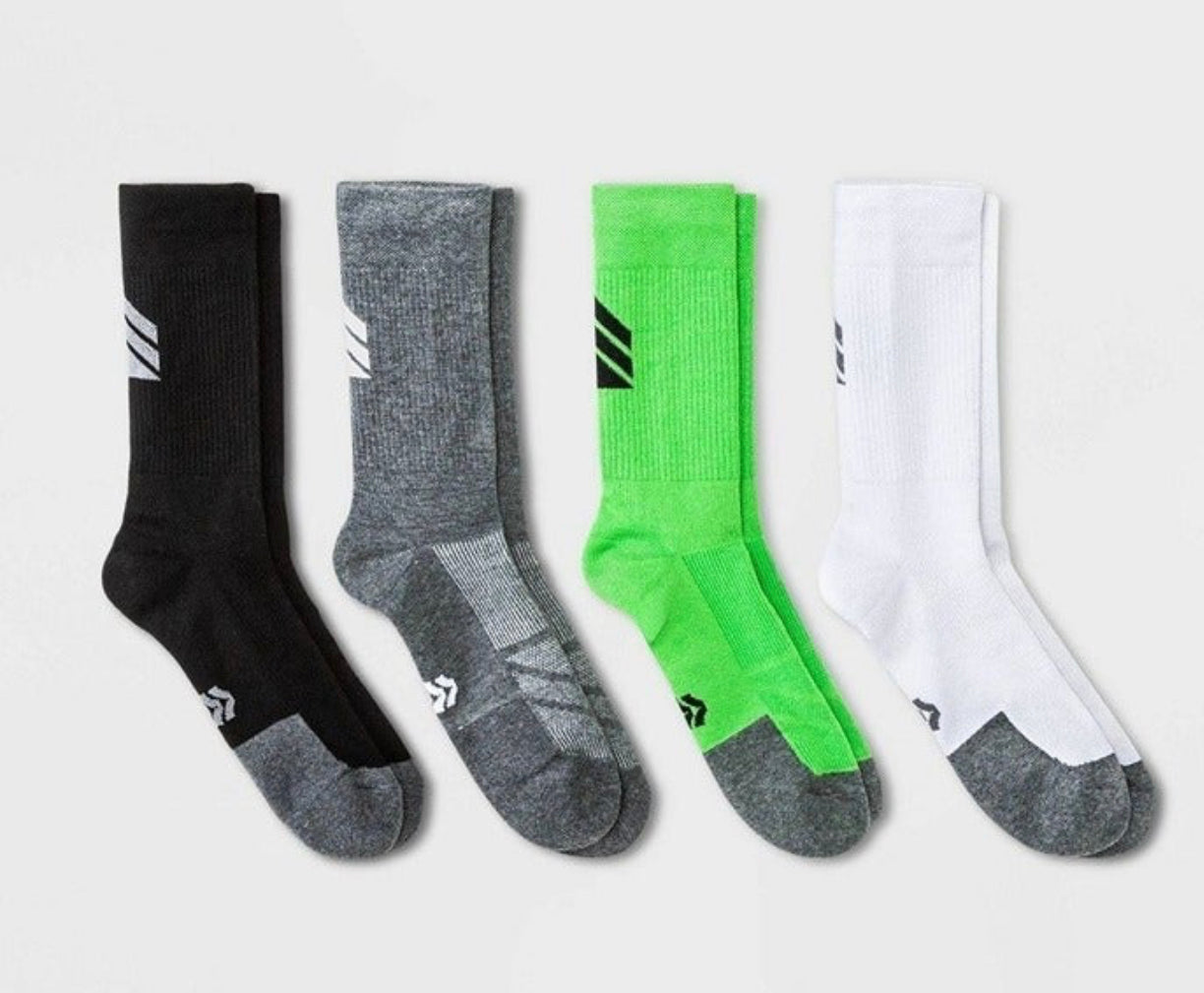 Men's Running Crew Socks 4pk - All in Motion Green/Black/Gray/White 6-12