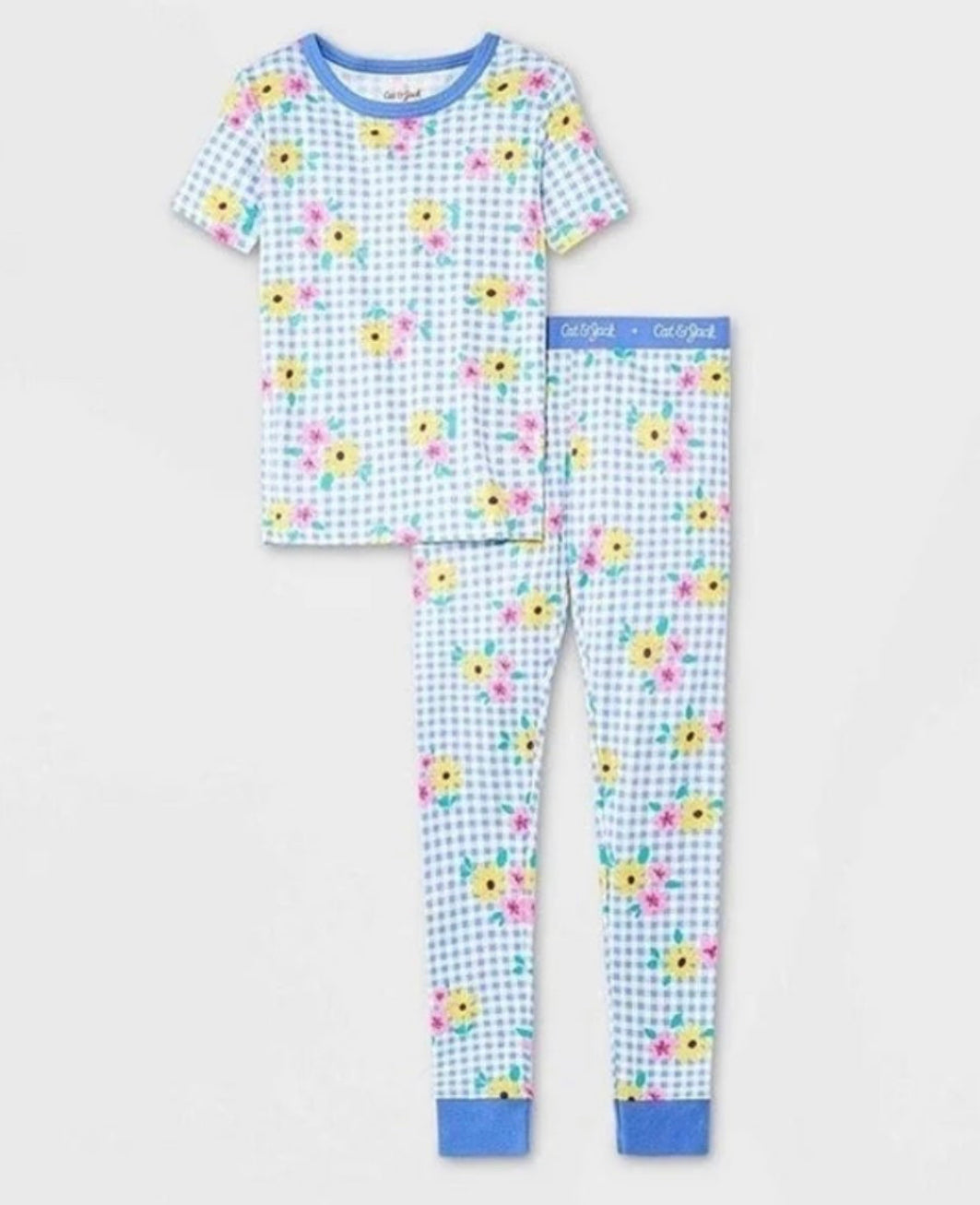 Girls' 2pc Gingham Floral 100% Cotton Snug Fit Pajama Set - Cat & Jack