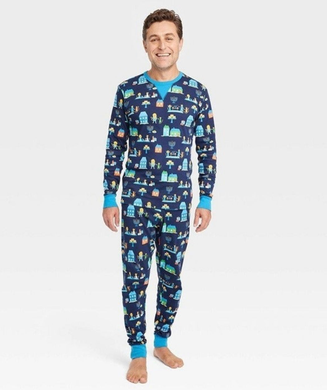 Men's Hanukkah Lions Print Matching Family Pajama Set - Navy Blue