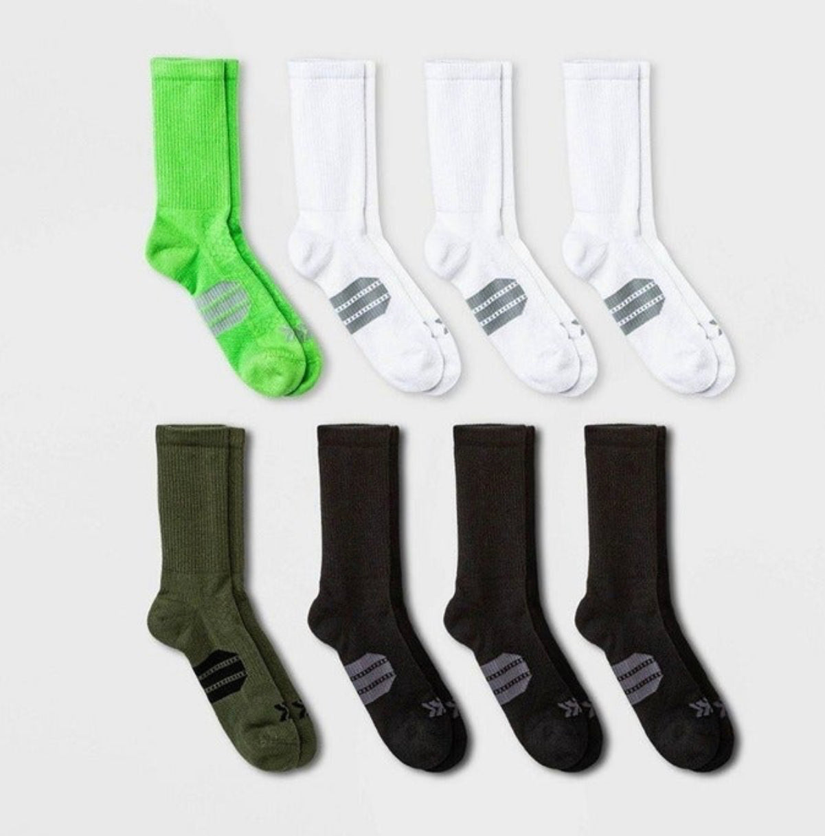 Men's Training Crew Socks 8pk - All in Motion Olive/Green/Black/White 6-12