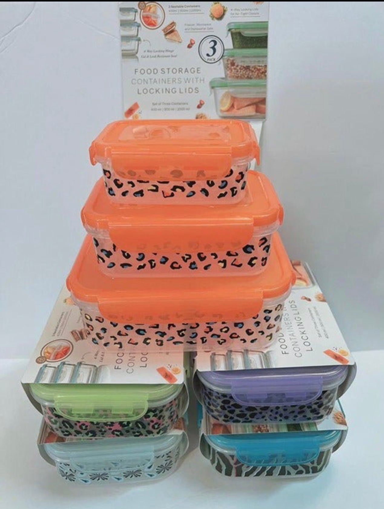 3 Nestable Containers - Food Storage with Locking Lids - Different Colors/Patterns Available