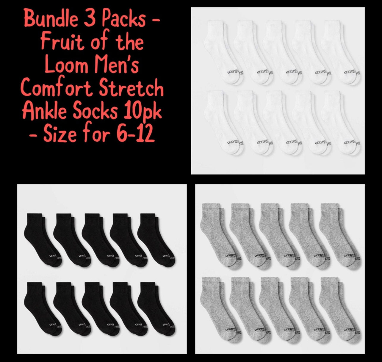 Bundle 3 Packs - Men's Comfort Stretch Ankle Socks 10 Pairs per pack, Size 6-12