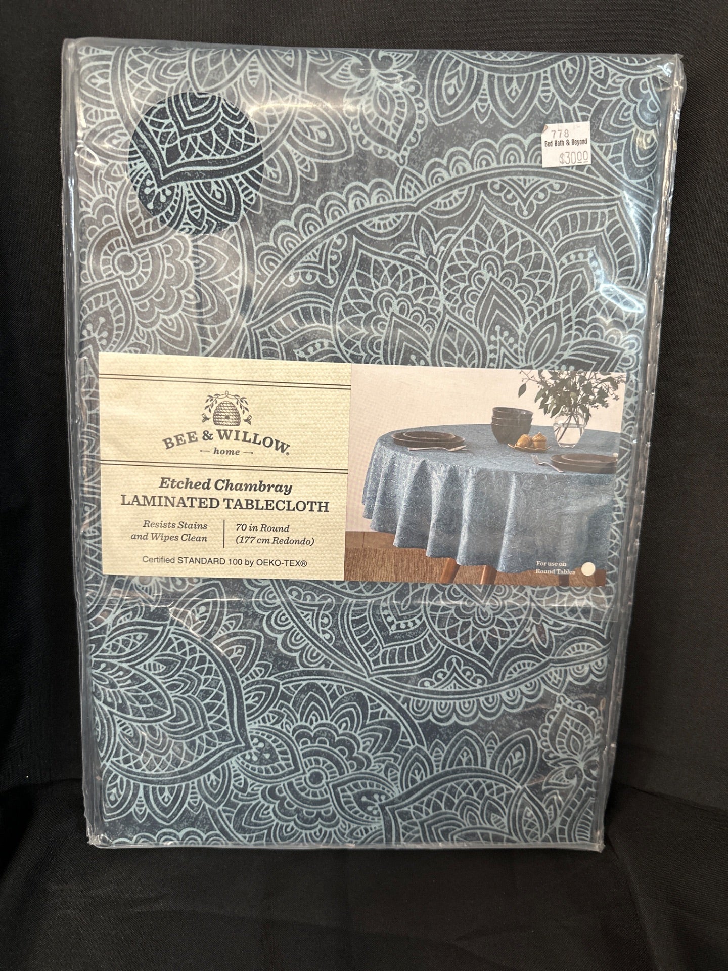 Bee & Willow Etched 70-Inch Round Laminated Tablecloth in Chambray (Retail Price $30)