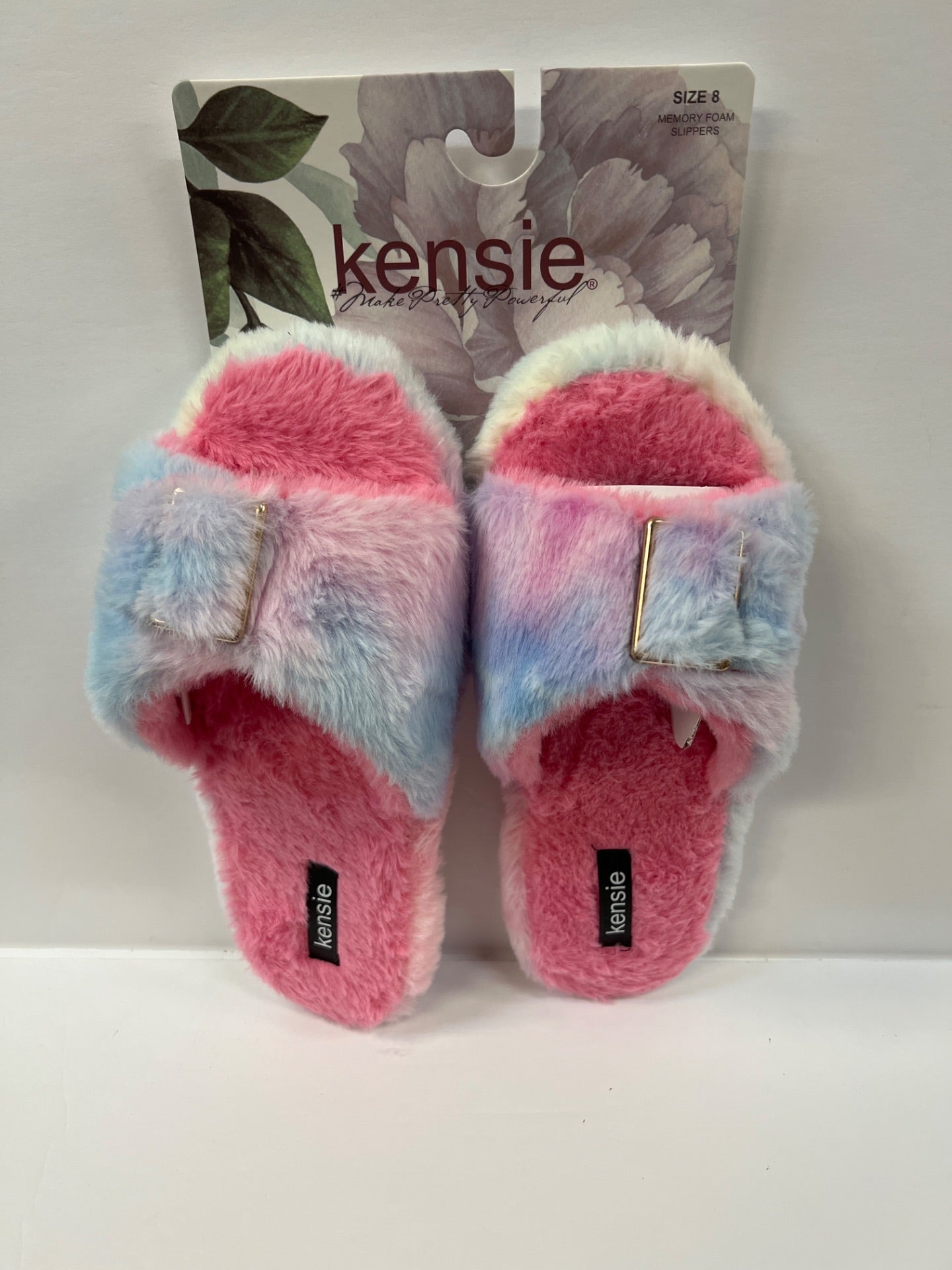 Women's Kensie Memory Foam Pink/Blue Tie-Dye Faux Fur Slippers - Size 8 (Retail Price $32)