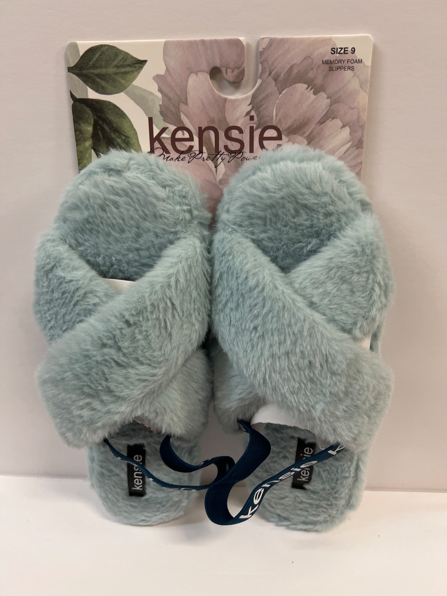 Kensie Womens Cute Cross Strap Faux Fur Slippers with Elastic Back Strap - Blue - Size 9 (Retail Price $32)