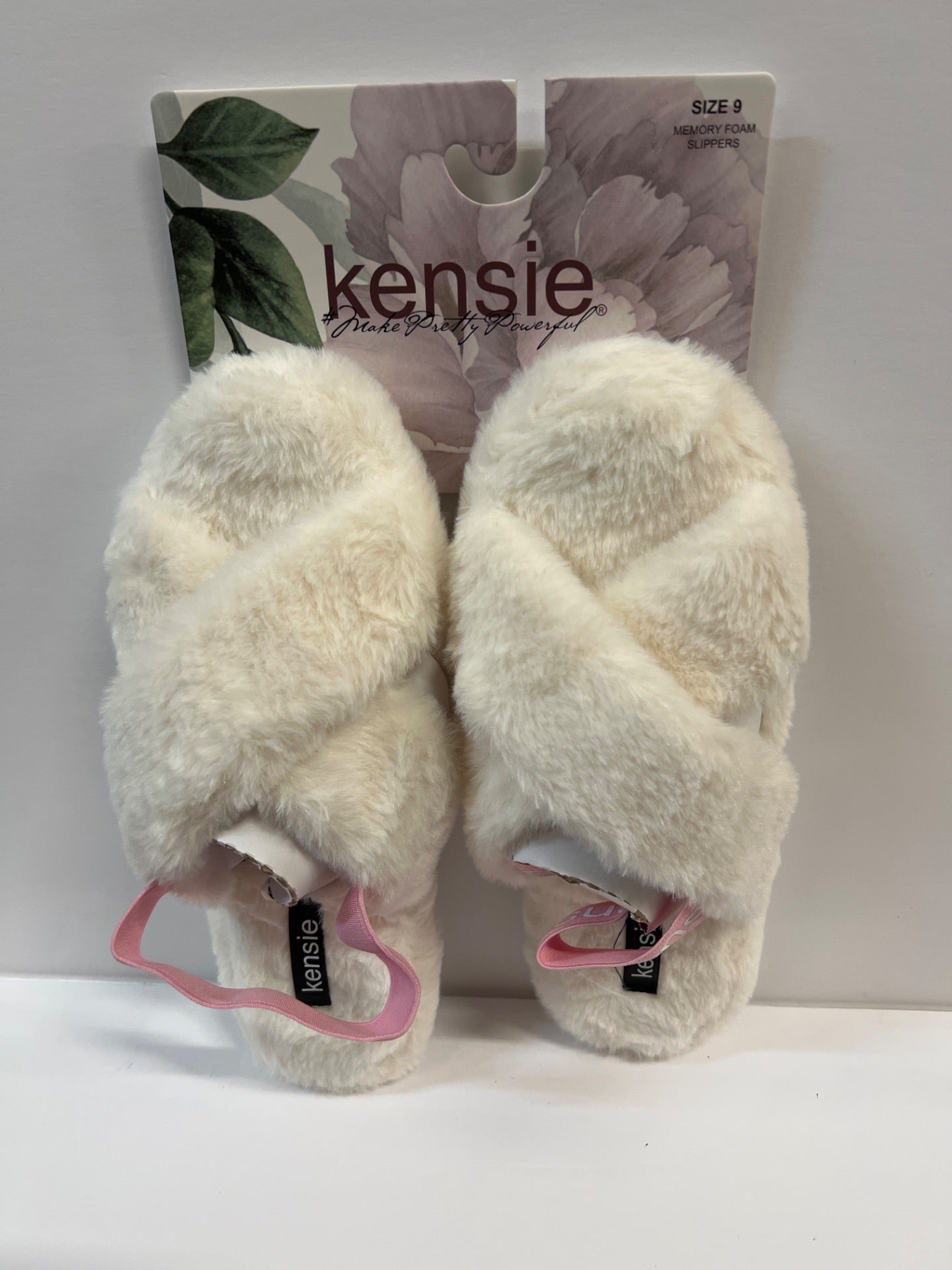 Kensie Women S Cute Cross Strap Faux Fur Slippers with Elastic Back Strap - Ivory - Size 9 (Retail Price $32)