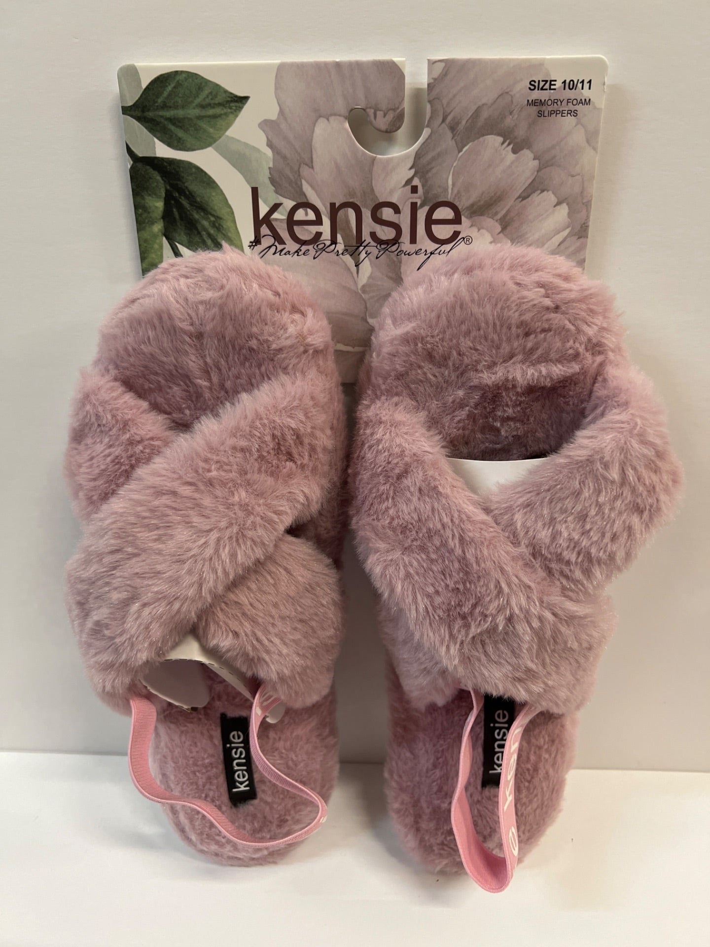 Kensie Women Cute Cross Strap Faux Fur Memory Foam Slippers with Elastic Back Strap - Size 10/11 - Pink (Retail Price $32)