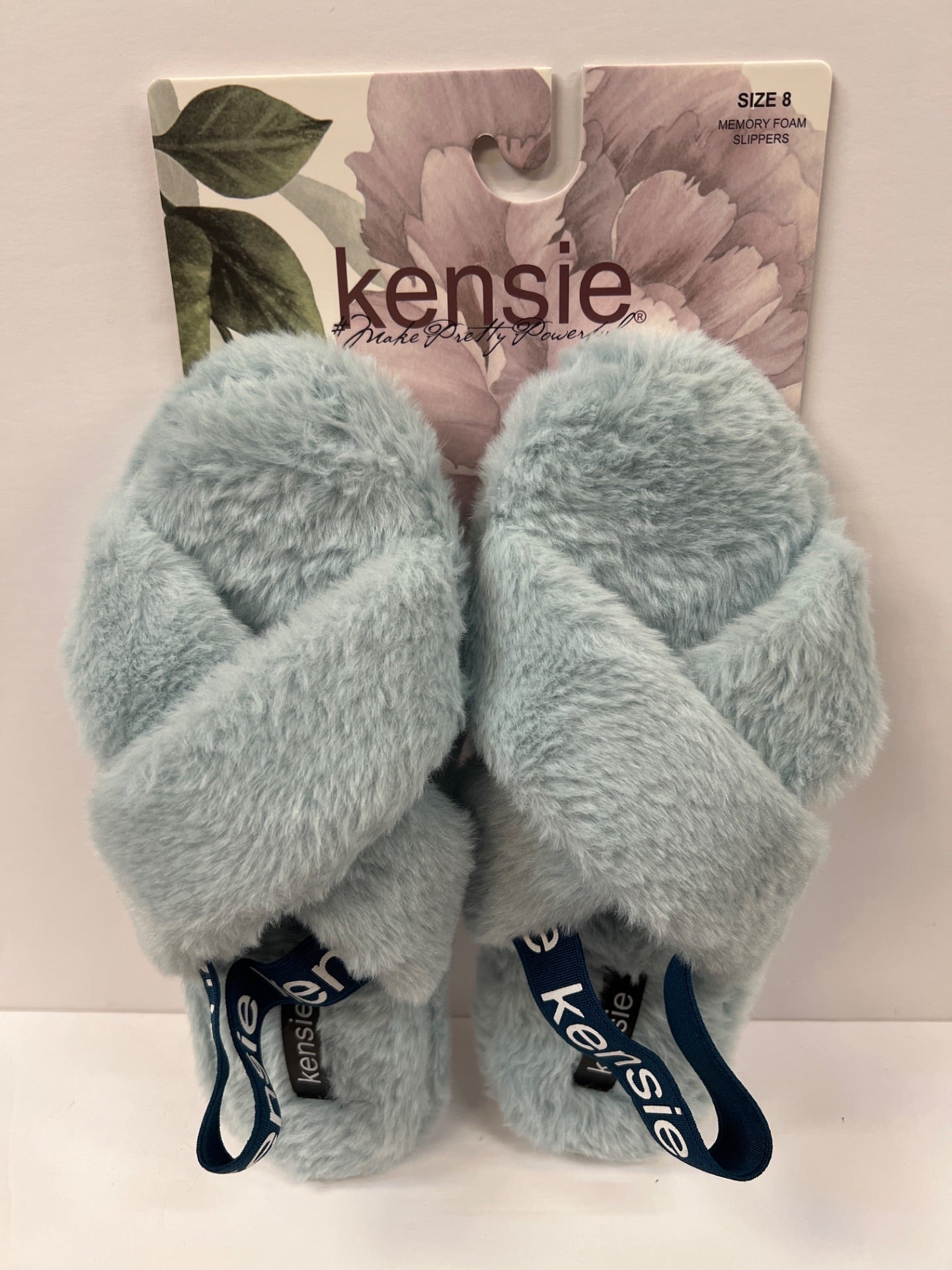 Kensie Womens Cute Cross Strap Faux Fur Slippers with Elastic Back Strap - Blue - Size 8 (Retail Price $32)