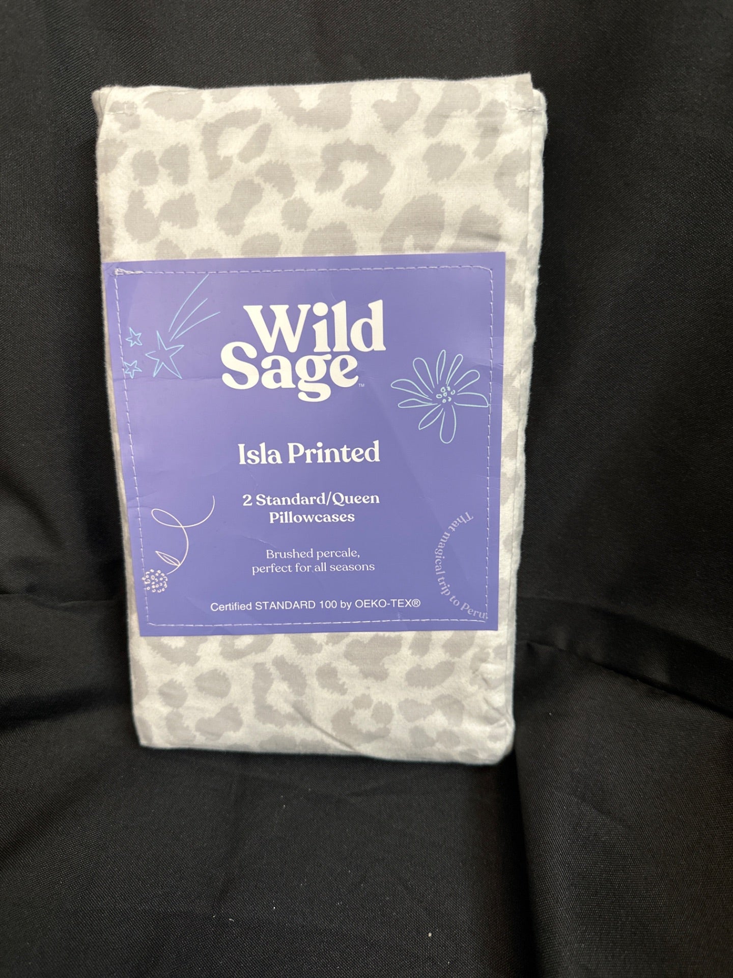 Wild Sage Brushed Cotton Percale 300-Thread-Count Standard/Queen Pillowcase in Grey Leopard (Retail Price $26)