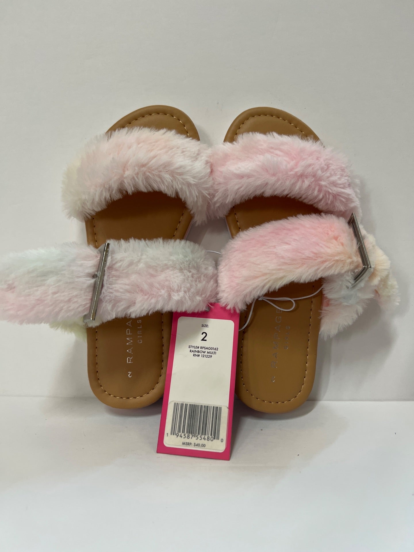 Rampage - Blue Rainbow Faux Fur Buckle-Accent Slide Sandal - Girls - Size 2 (Retail Price $40)