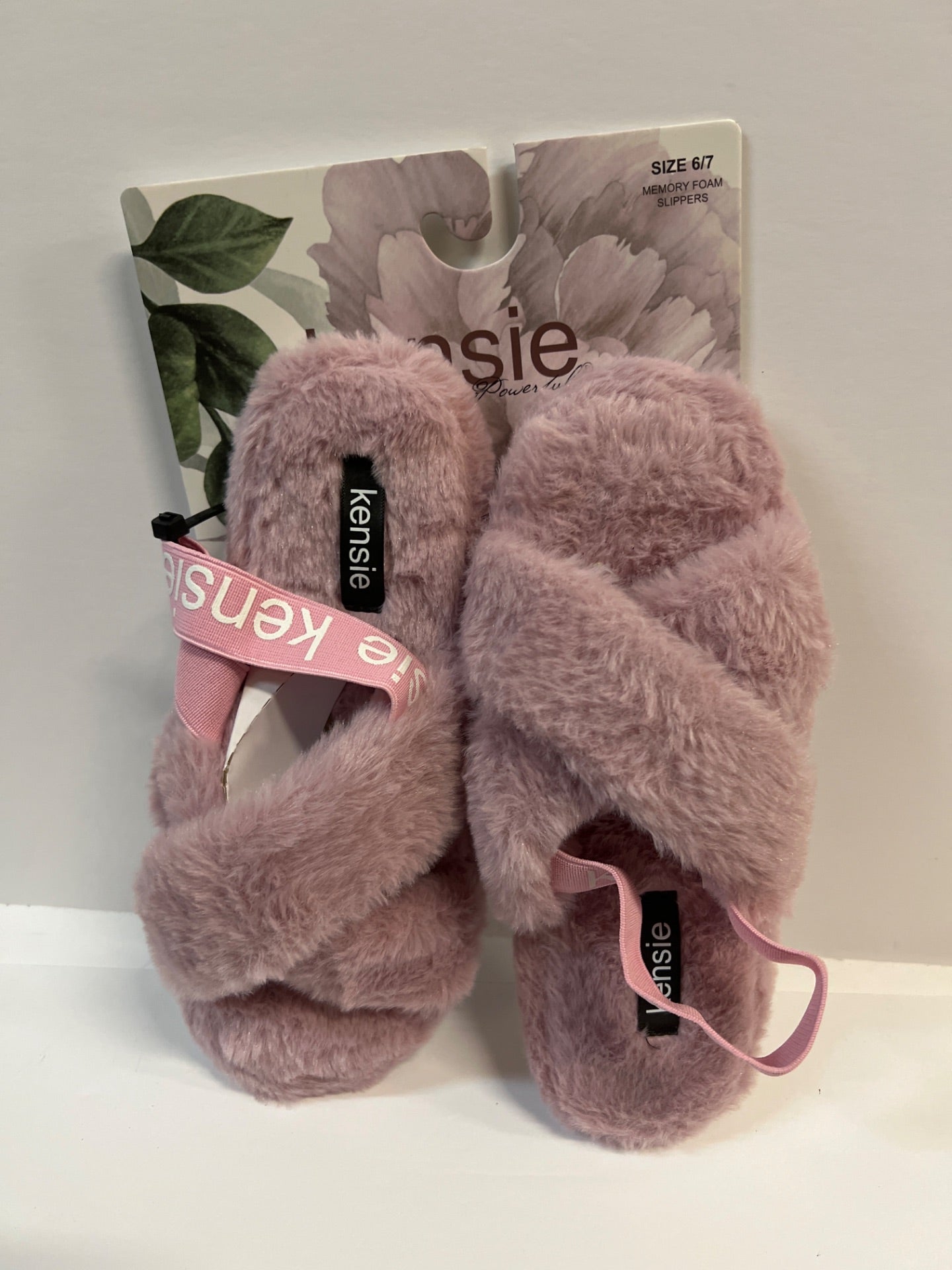 Kensie Women Cute Cross Strap Faux Fur Memory Foam Slippers with Elastic Back Strap - Size 6/7 - Pink (Retail Price $32)