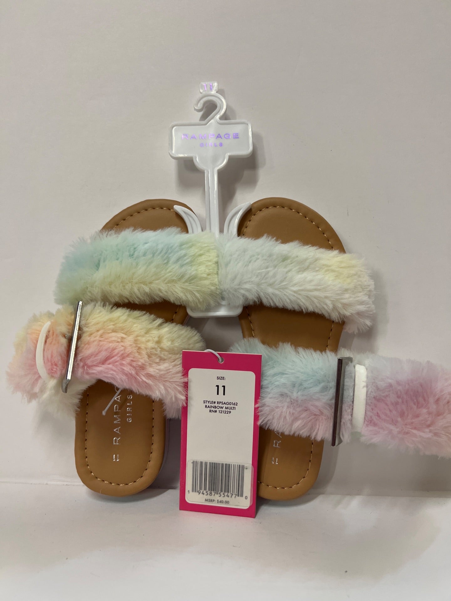 Rampage - Blue Rainbow Faux Fur Buckle-Accent Slide Sandal - Girls - Size 11 (Retail Price $40)