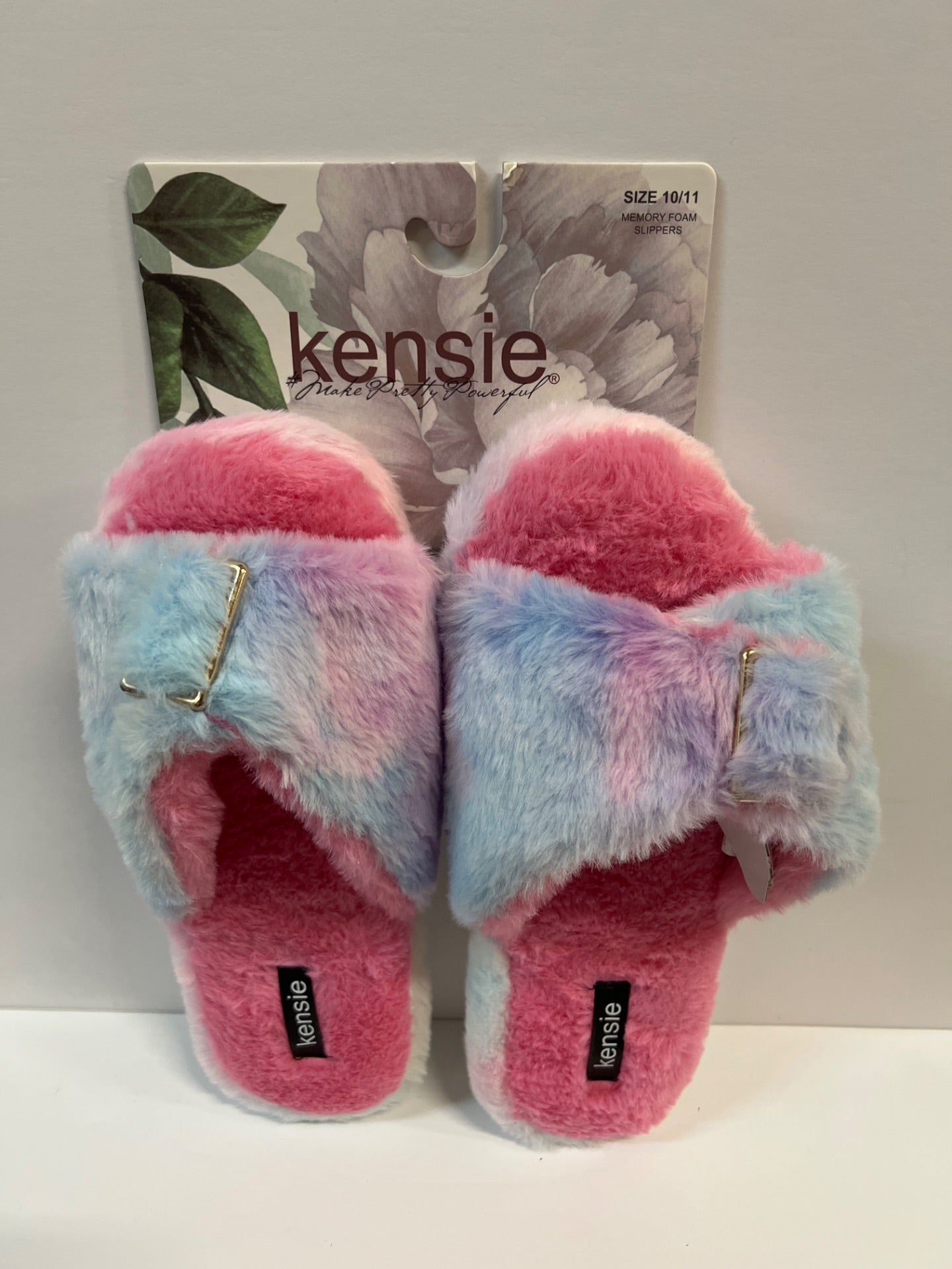 Women's Kensie Memory Foam Pink/Blue Tie-Dye Faux Fur Slippers - Size 10/11 (Retail Price $32)