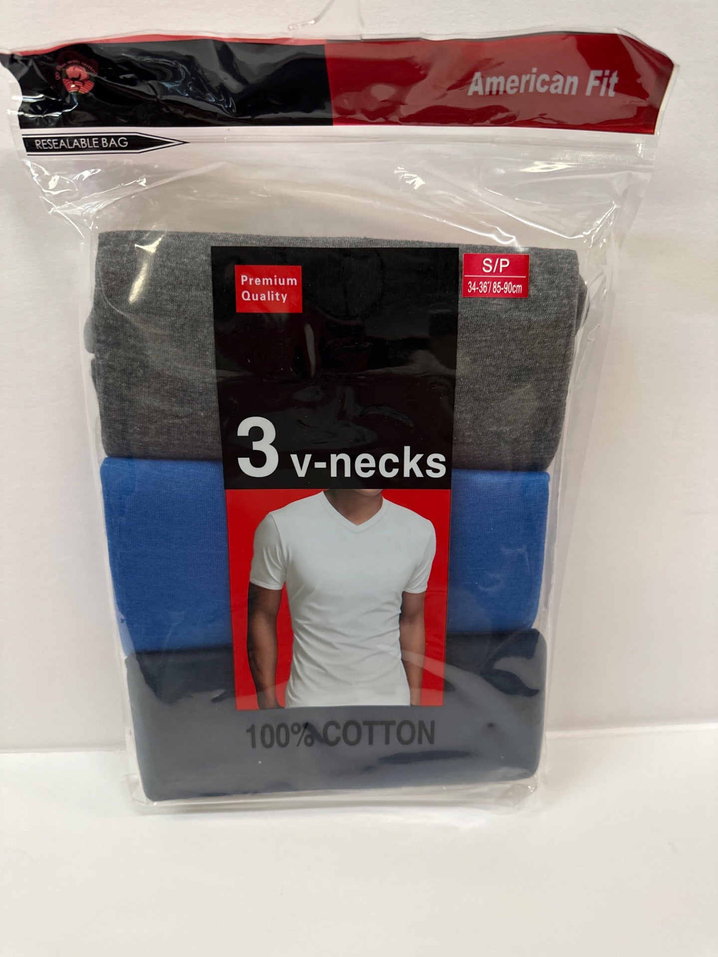 3 Pack Mens 100% Cotton Tagless Crew V-Neck T-Shirt Undershirt Tee Color: Black, Blue, Grey - Size S (Retail Price $24.99)