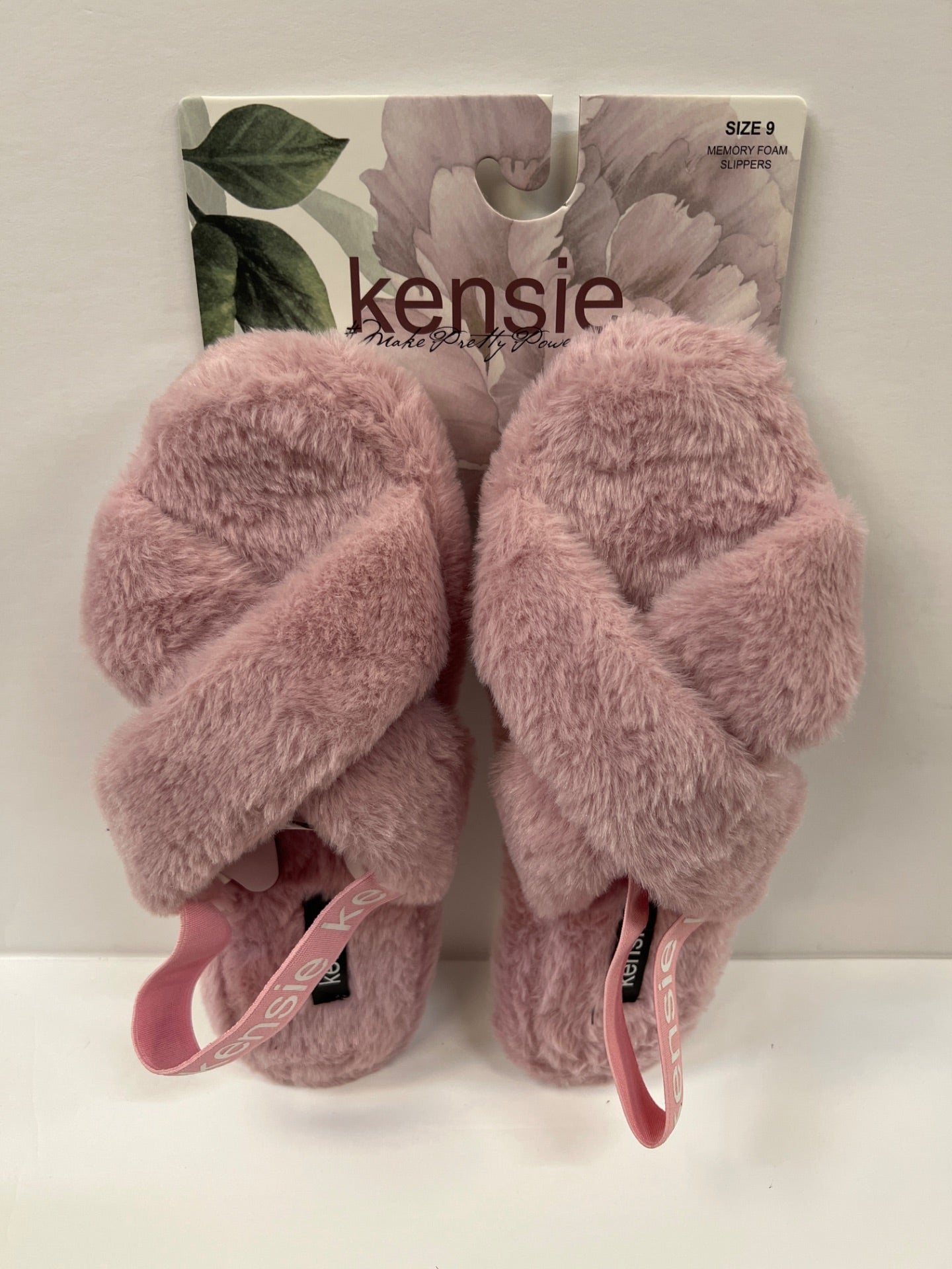 Kensie Womens Cute Cross Strap Faux Fur Slippers with Elastic Back Strap - Pink - Size 9 (Retail Price $32)