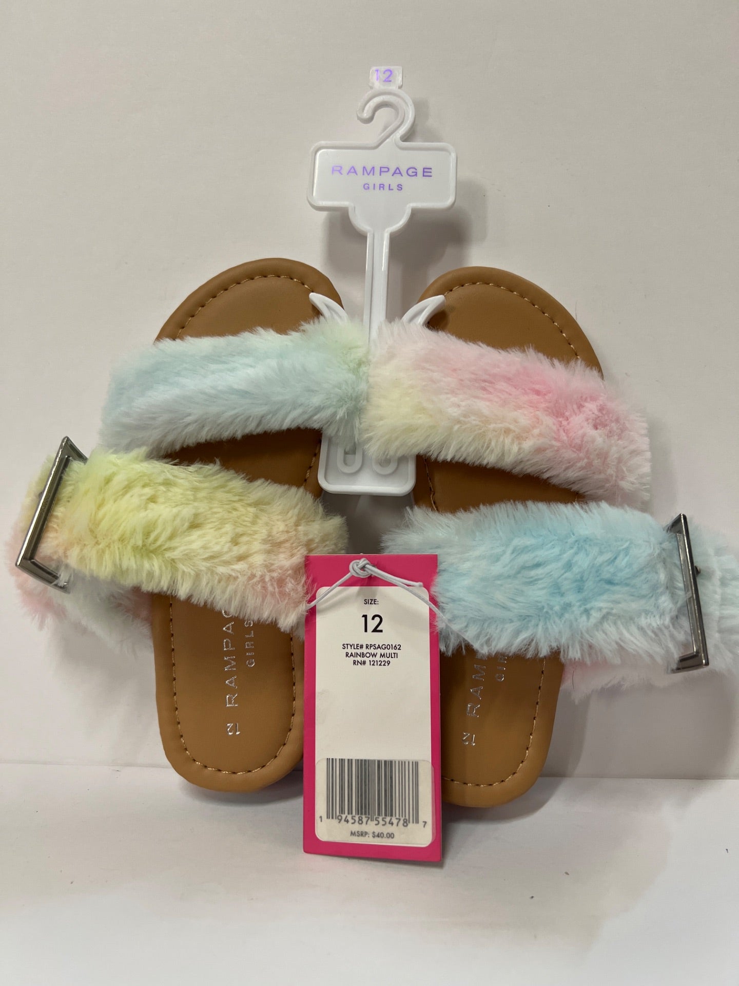 Rampage - Blue Rainbow Faux Fur Buckle-Accent Slide Sandal - Girls - Size 12 (Retail Price $40)