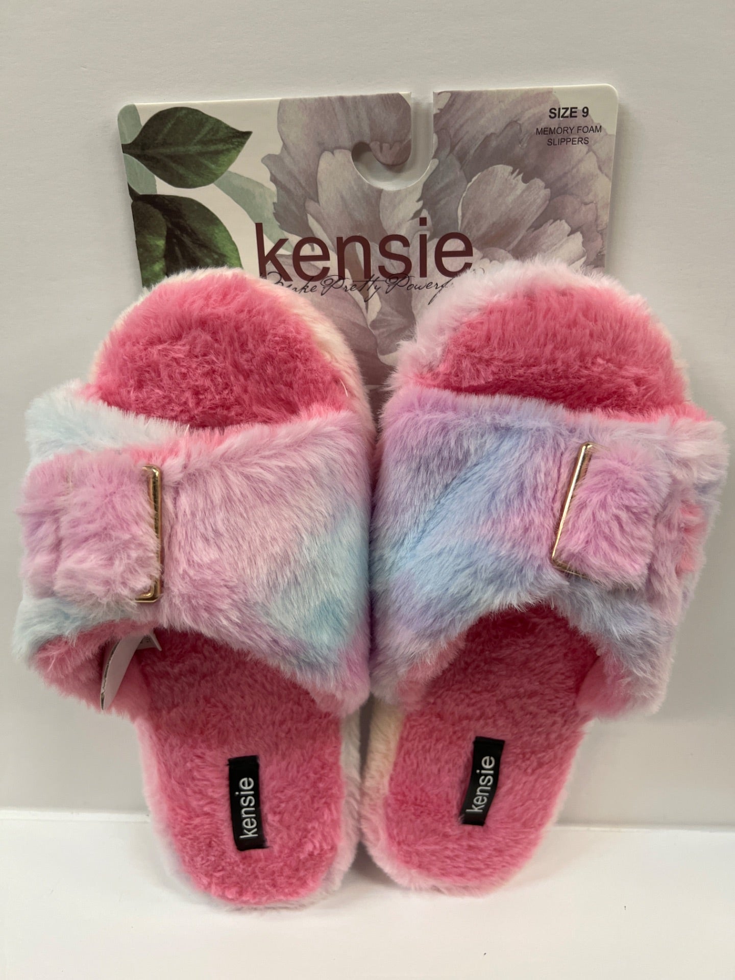 Women's Kensie Memory Foam Pink/Blue Tie-Dye Faux Fur Slippers - Size 9 (Retail Price $32)