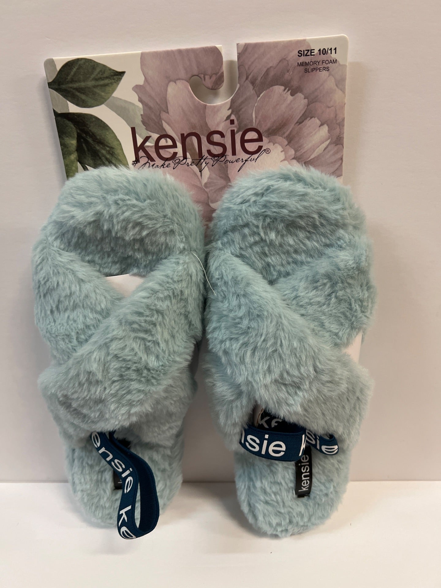 Kensie Womens Cute Cross Strap Faux Fur Slippers with Elastic Back Strap - Blue - Size 10/11 (Retail Price $32)