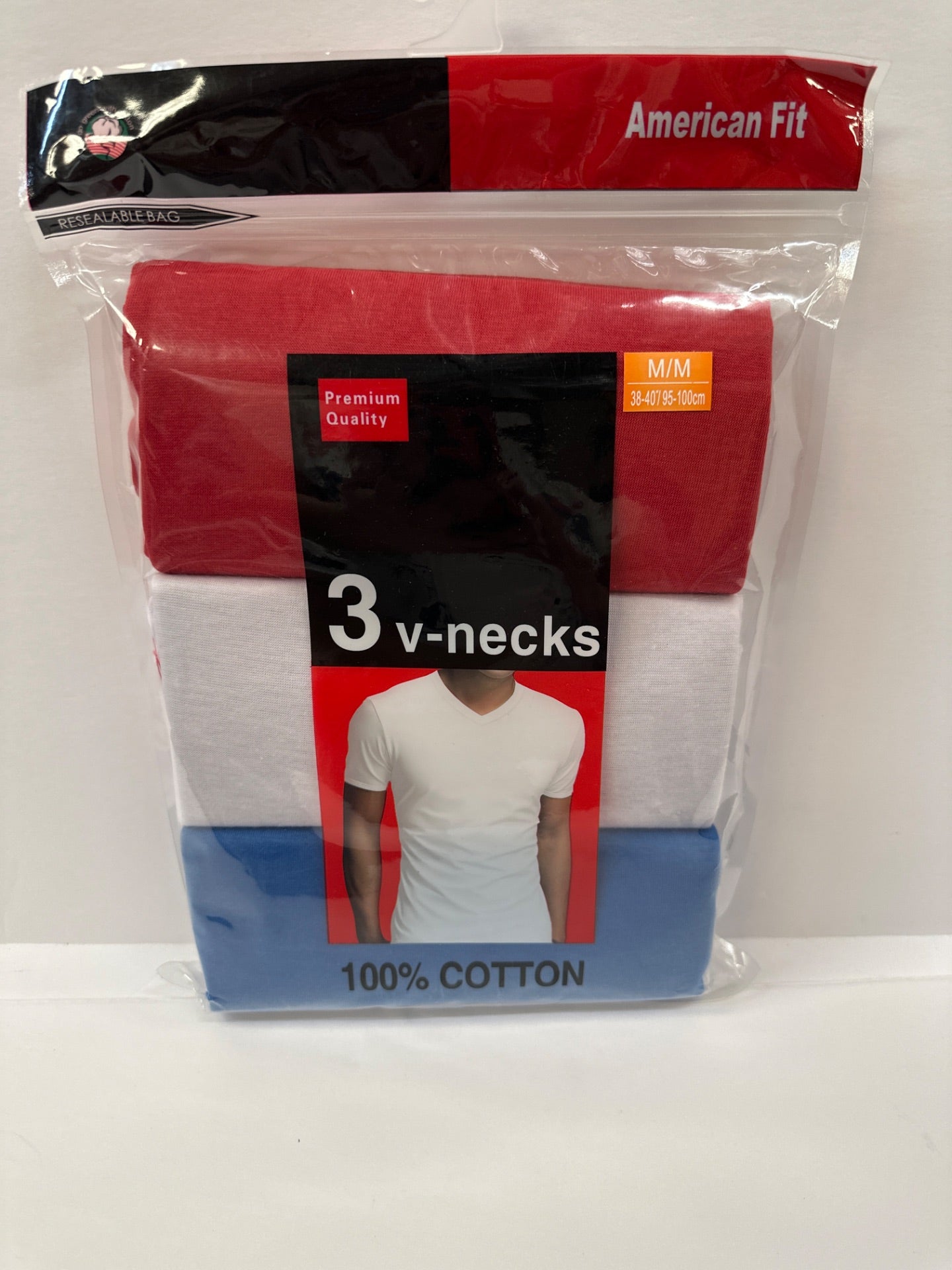 3 Pack Mens 100% Cotton Tagless Crew V-Neck T-Shirt Undershirt Tee Color: Red, White, Blue - Size M (Retail Price $24.99)