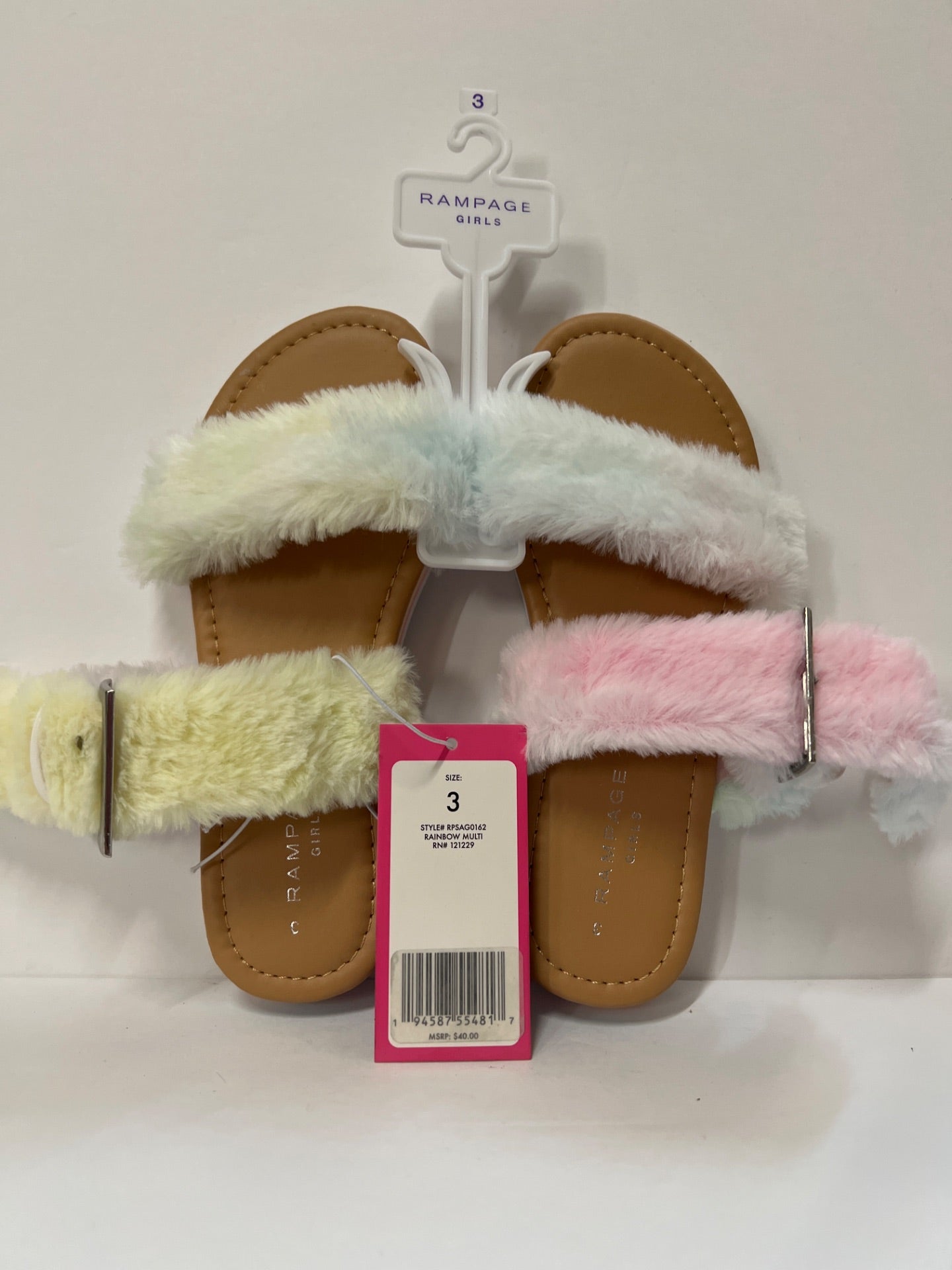 Rampage - Blue Rainbow Faux Fur Buckle-Accent Slide Sandal - Girls - Size 3 (Retail Price $40)